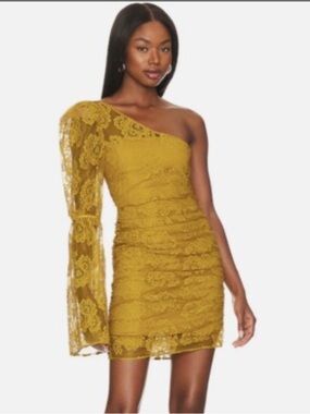 For Love & Lemons Tiana Lace One-Shoulder Belle Sleeve Mini Dress